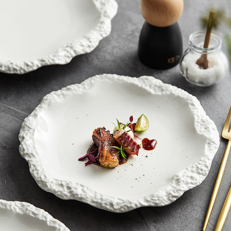 Rock-Patterned Rimmed Plates - Ceramic Serving Plates for Home Use, Shallow Platters, 2022 New Hotel Tableware, INS Style Presentation Plates.