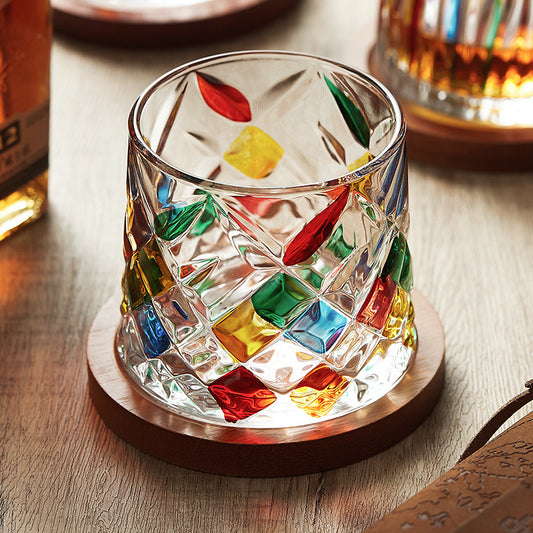 High-Quality Colorful Glass Cup with Ins-style Whiskey and Cocktail Glass, Complete with Wooden Coaster and Rotating Stress-Relief Design.