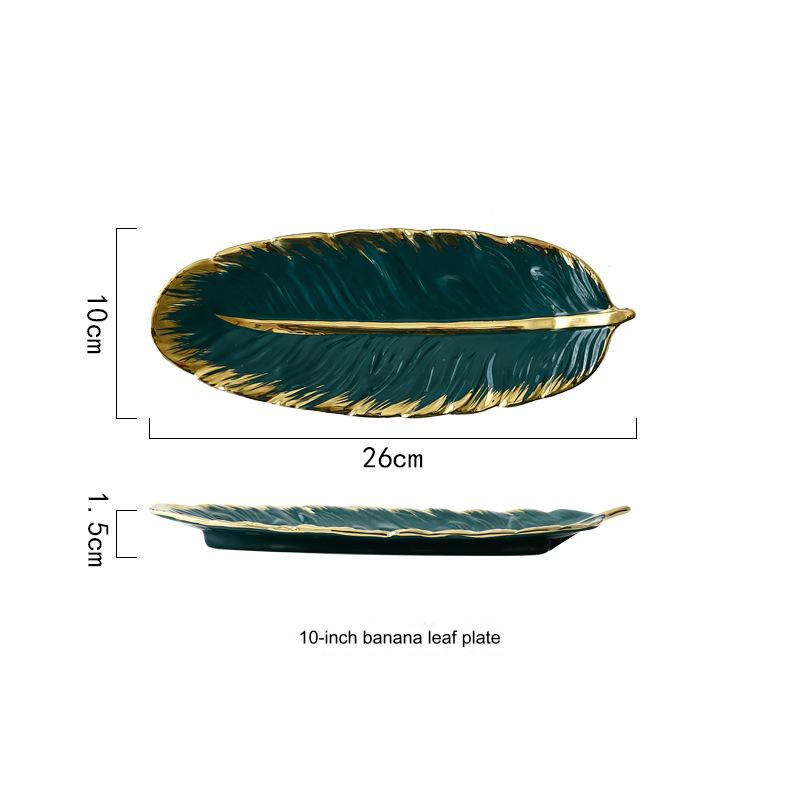 Nordic Gold-Edged Creative Luxury Ceramic Tray, Ink Green Feather Tray, Banana Leaf Fruit and Dried Fruit Tray, Storage Ceramic Plate.