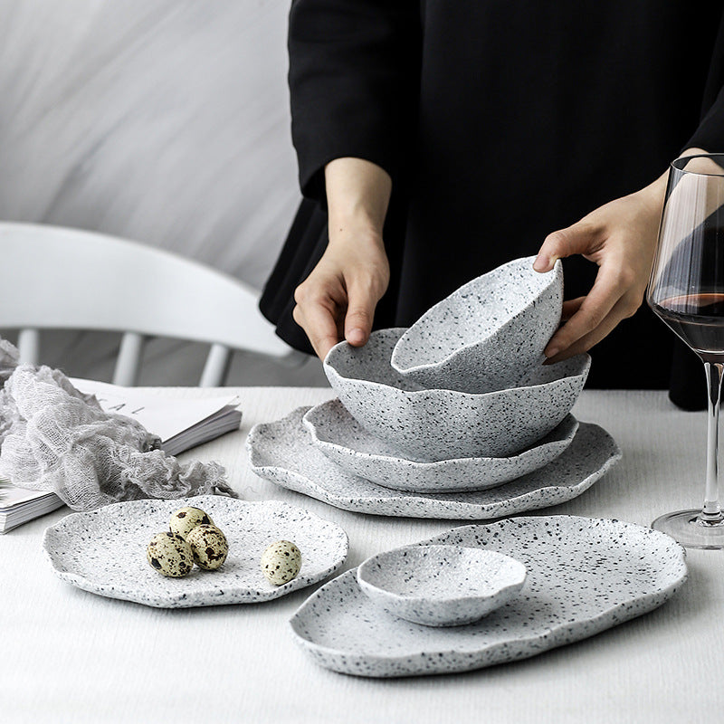 Nordic Granite Pattern Tableware - Creative Ceramic Plates with Lotus Leaf Edge, Hotel Dinner Plates, Family Set of Plates, Bowls, and Dishes.