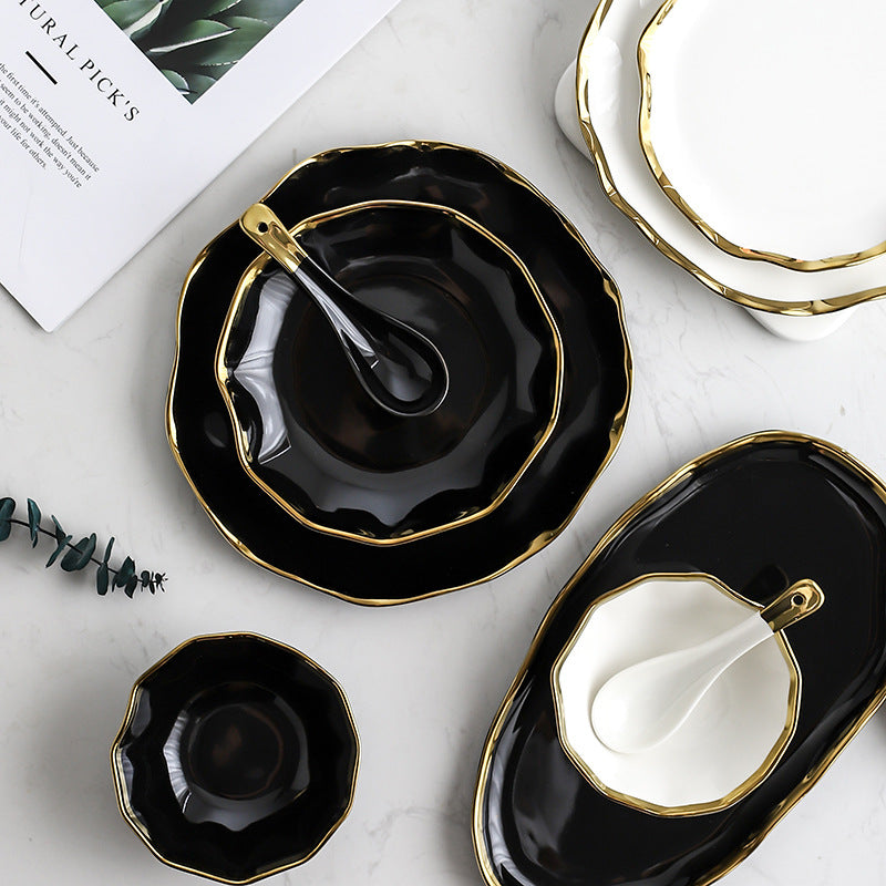 [Family Set] Nordic Gold-Edged Ceramic Plates - Creative Lotus Leaf Edge Bowl, Plate, and Dish Set - Western Dish Plate, Steak Plate, Salad Bowl, Soup Bowl, Rice Bowl.