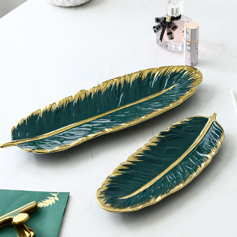 Nordic Gold-Edged Creative Luxury Ceramic Tray, Ink Green Feather Tray, Banana Leaf Fruit and Dried Fruit Tray, Storage Ceramic Plate.