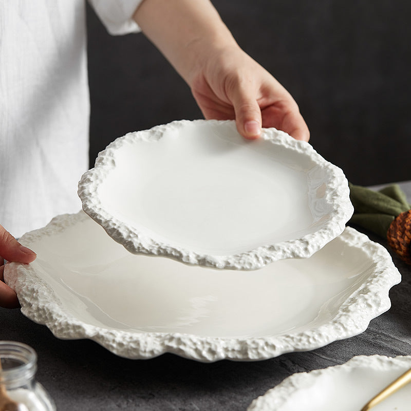 Rock-Patterned Rimmed Plates - Ceramic Serving Plates for Home Use, Shallow Platters, 2022 New Hotel Tableware, INS Style Presentation Plates.