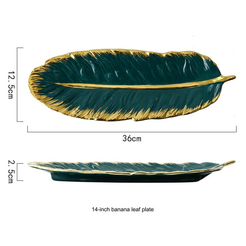 Nordic Gold-Edged Creative Luxury Ceramic Tray, Ink Green Feather Tray, Banana Leaf Fruit and Dried Fruit Tray, Storage Ceramic Plate.