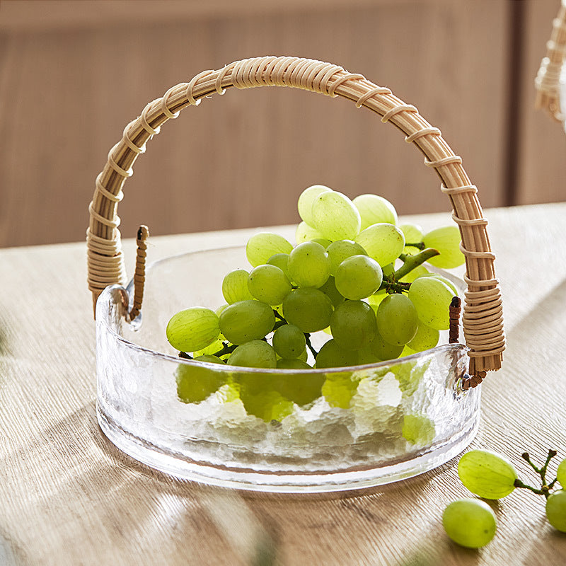 Bamboo and Rattan Glass Fruit Basket - Creative and Light Luxury Style Fruit Tray for Home, Living Room, Snacks, and Japanese-style INS Ice Bucket.