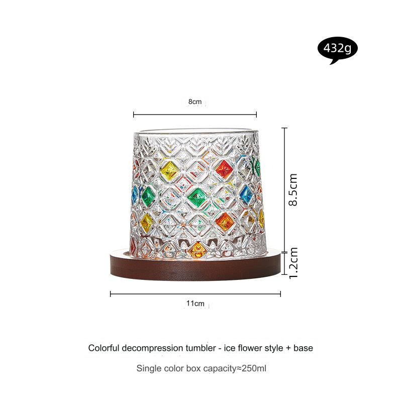 High-Quality Colorful Glass Cup with Ins-style Whiskey and Cocktail Glass, Complete with Wooden Coaster and Rotating Stress-Relief Design.