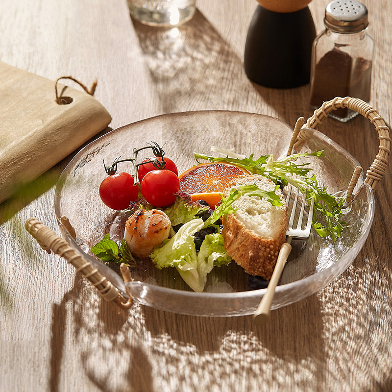 Handwoven Glass Plate - Fruit Plate for Living Room, Japanese-style Vintage Snack and Salad Plate, INS-style, High Aesthetic Value for Home Use.