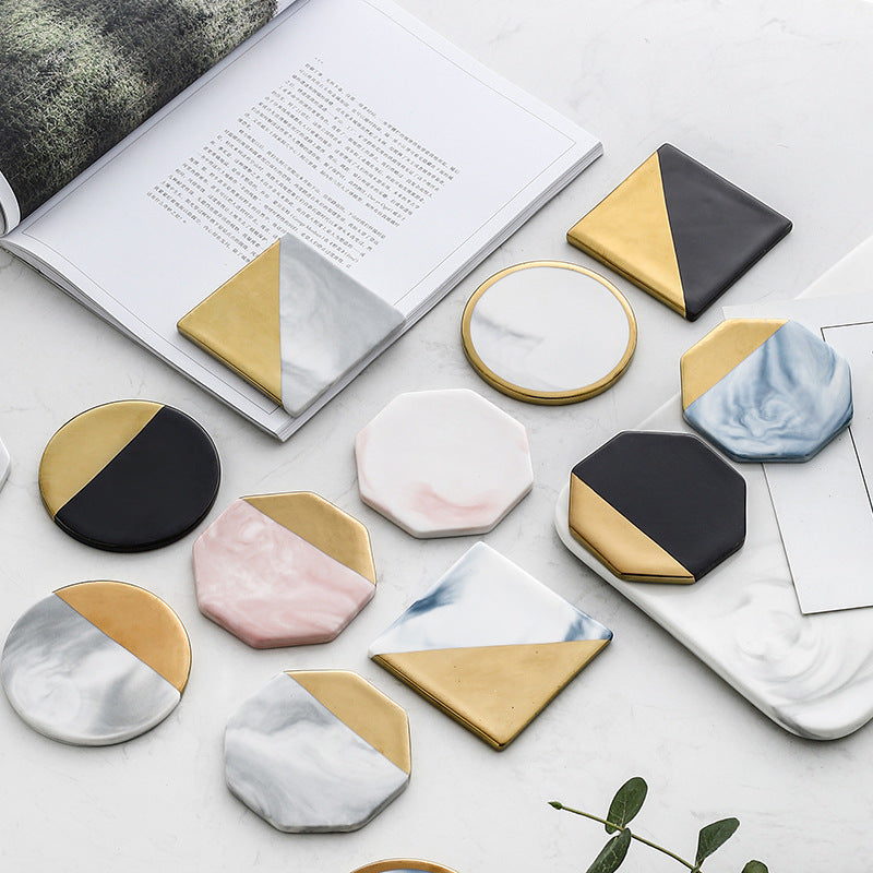 Scandinavian-Inspired Marble Pattern Coasters Creative Ceramic Coasters Electroplated Marble Coasters with Cork Base Tea Trivet