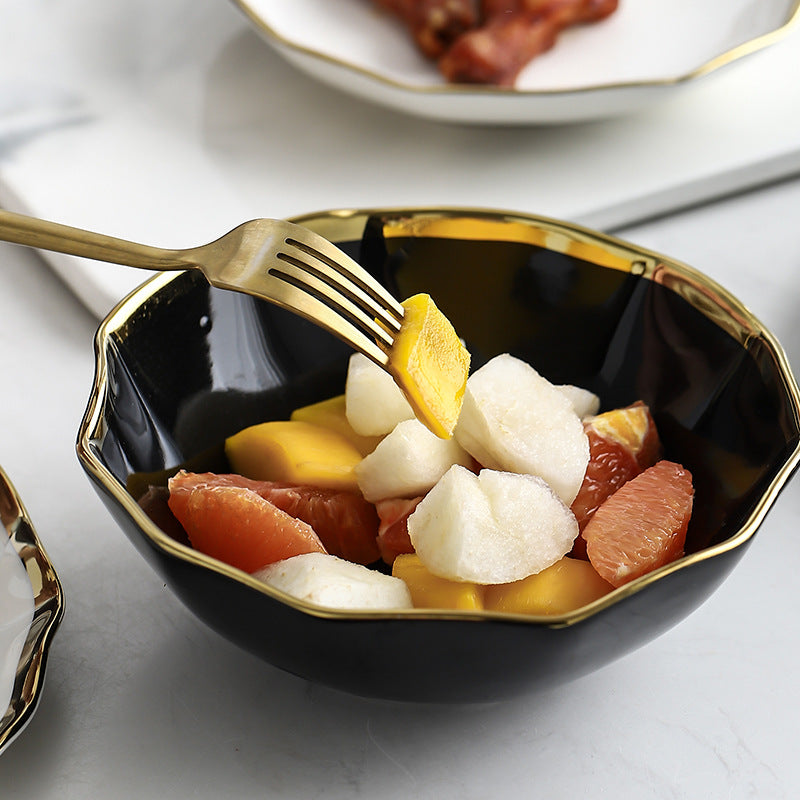 [Family Set] Nordic Gold-Edged Ceramic Plates - Creative Lotus Leaf Edge Bowl, Plate, and Dish Set - Western Dish Plate, Steak Plate, Salad Bowl, Soup Bowl, Rice Bowl.