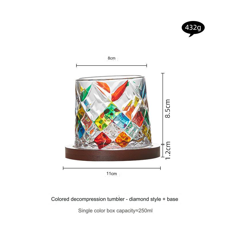 High-Quality Colorful Glass Cup with Ins-style Whiskey and Cocktail Glass, Complete with Wooden Coaster and Rotating Stress-Relief Design.