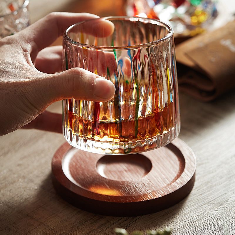 High-Quality Colorful Glass Cup with Ins-style Whiskey and Cocktail Glass, Complete with Wooden Coaster and Rotating Stress-Relief Design.