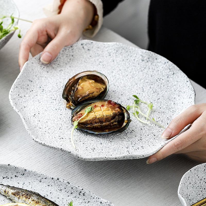 Nordic Granite Pattern Tableware - Creative Ceramic Plates with Lotus Leaf Edge, Hotel Dinner Plates, Family Set of Plates, Bowls, and Dishes.