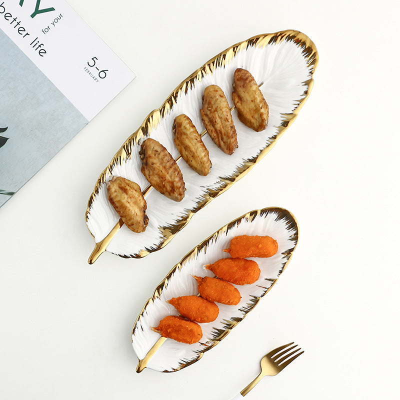 Nordic Gold-Edged Creative Luxury Ceramic Tray, Ink Green Feather Tray, Banana Leaf Fruit and Dried Fruit Tray, Storage Ceramic Plate.