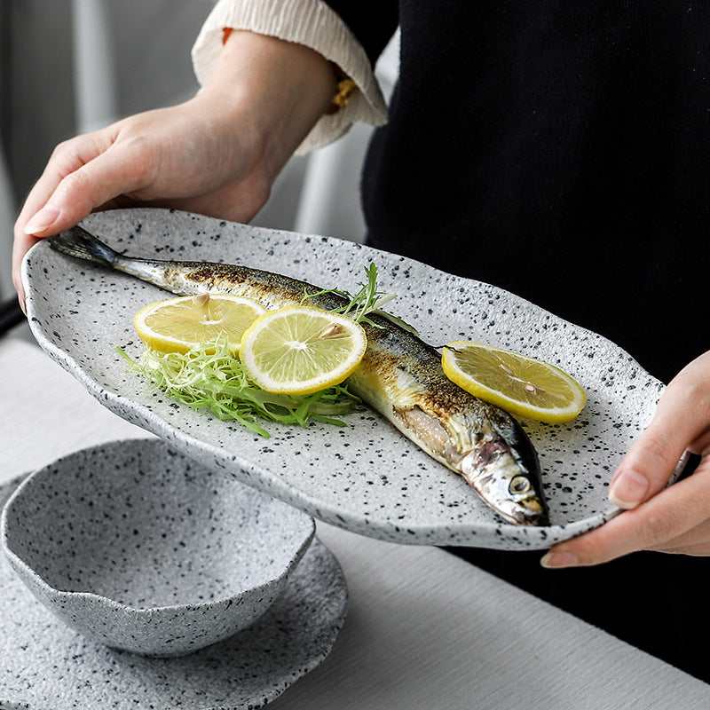 Nordic Granite Pattern Tableware - Creative Ceramic Plates with Lotus Leaf Edge, Hotel Dinner Plates, Family Set of Plates, Bowls, and Dishes.