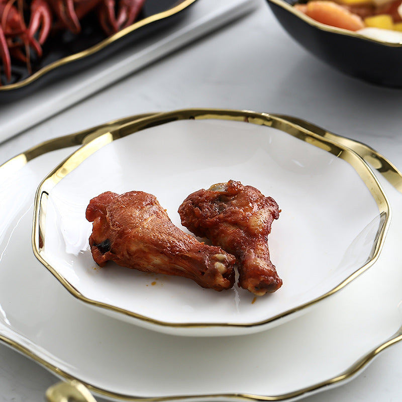 [Family Set] Nordic Gold-Edged Ceramic Plates - Creative Lotus Leaf Edge Bowl, Plate, and Dish Set - Western Dish Plate, Steak Plate, Salad Bowl, Soup Bowl, Rice Bowl.