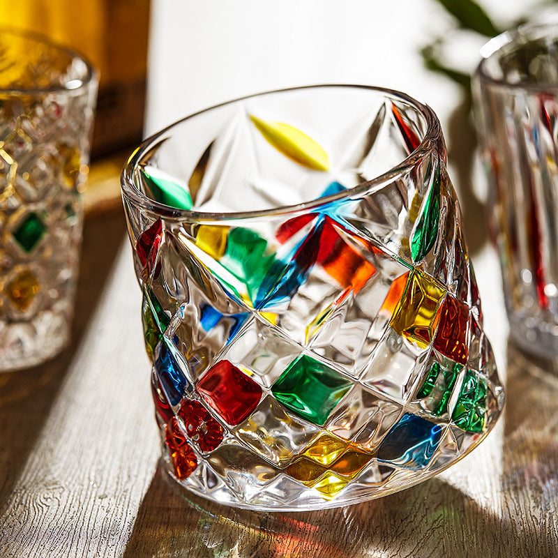 High-Quality Colorful Glass Cup with Ins-style Whiskey and Cocktail Glass, Complete with Wooden Coaster and Rotating Stress-Relief Design.