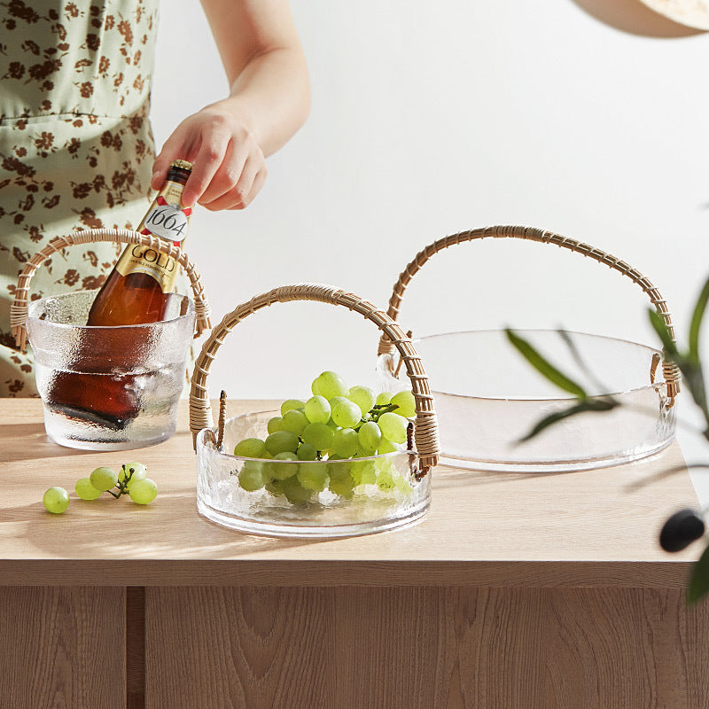 Bamboo and Rattan Glass Fruit Basket - Creative and Light Luxury Style Fruit Tray for Home, Living Room, Snacks, and Japanese-style INS Ice Bucket.