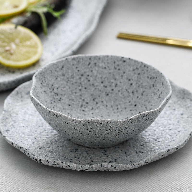 Nordic Granite Pattern Tableware - Creative Ceramic Plates with Lotus Leaf Edge, Hotel Dinner Plates, Family Set of Plates, Bowls, and Dishes.