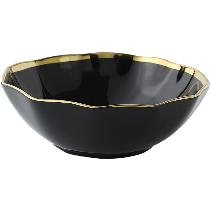 [Family Set] Nordic Gold-Edged Ceramic Plates - Creative Lotus Leaf Edge Bowl, Plate, and Dish Set - Western Dish Plate, Steak Plate, Salad Bowl, Soup Bowl, Rice Bowl.