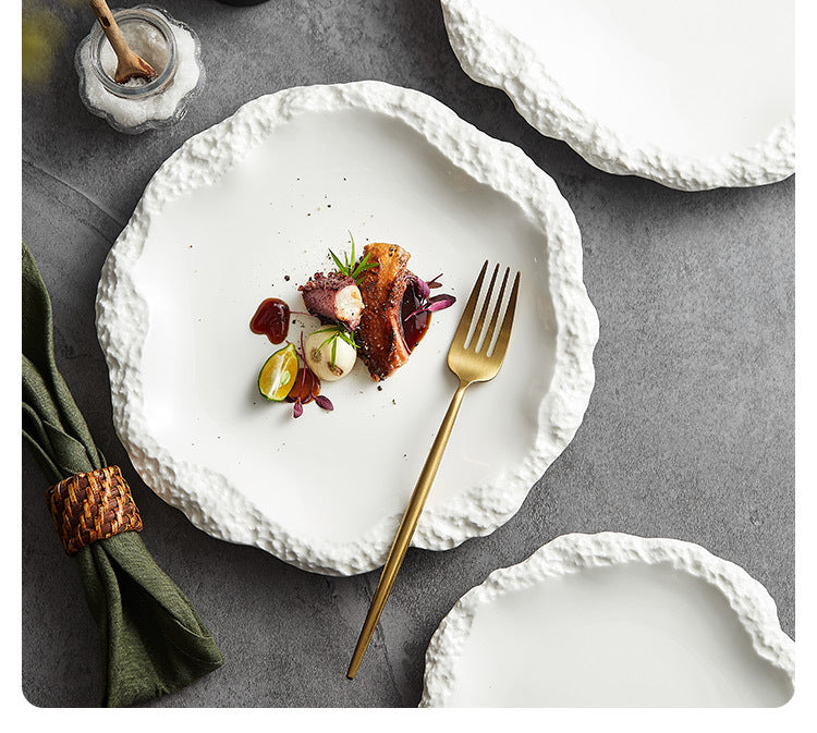 Rock-Patterned Rimmed Plates - Ceramic Serving Plates for Home Use, Shallow Platters, 2022 New Hotel Tableware, INS Style Presentation Plates.