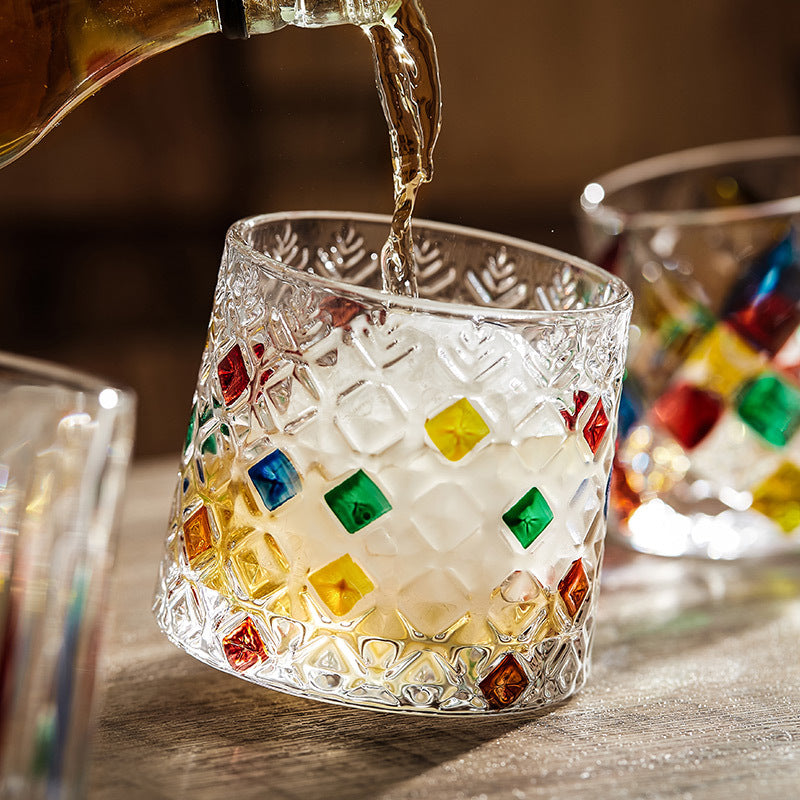 High-Quality Colorful Glass Cup with Ins-style Whiskey and Cocktail Glass, Complete with Wooden Coaster and Rotating Stress-Relief Design.