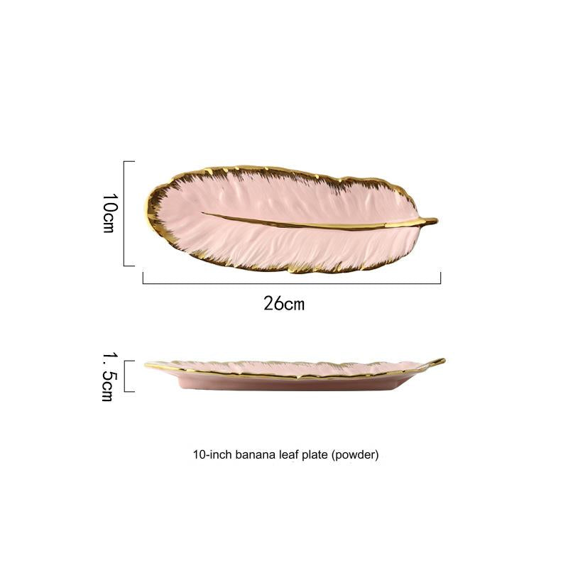 Nordic Gold-Edged Creative Luxury Ceramic Tray, Ink Green Feather Tray, Banana Leaf Fruit and Dried Fruit Tray, Storage Ceramic Plate.