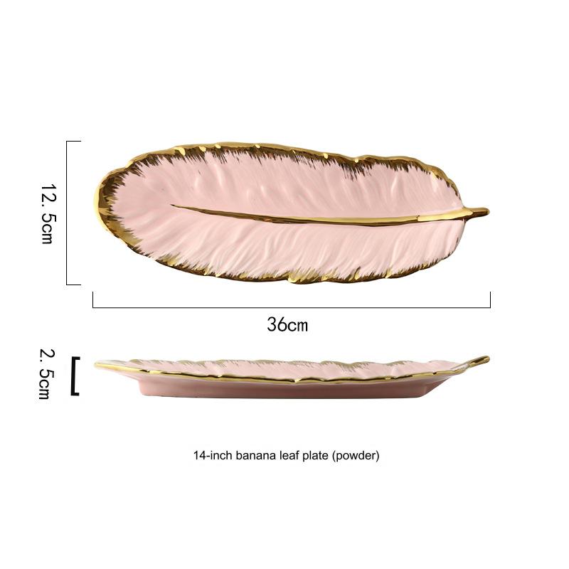 Nordic Gold-Edged Creative Luxury Ceramic Tray, Ink Green Feather Tray, Banana Leaf Fruit and Dried Fruit Tray, Storage Ceramic Plate.