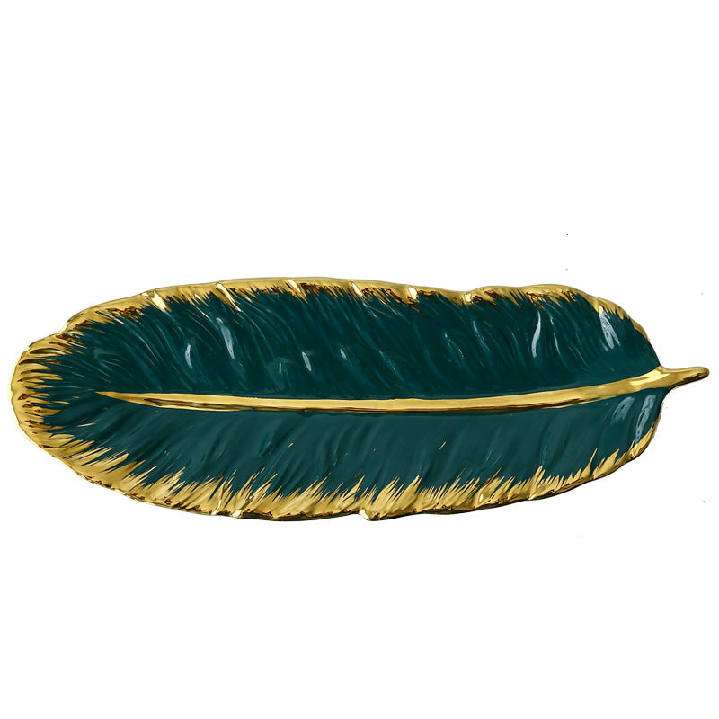 Nordic Gold-Edged Creative Luxury Ceramic Tray, Ink Green Feather Tray, Banana Leaf Fruit and Dried Fruit Tray, Storage Ceramic Plate.