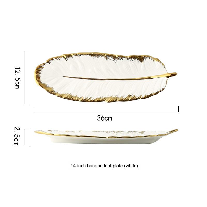 Nordic Gold-Edged Creative Luxury Ceramic Tray, Ink Green Feather Tray, Banana Leaf Fruit and Dried Fruit Tray, Storage Ceramic Plate.